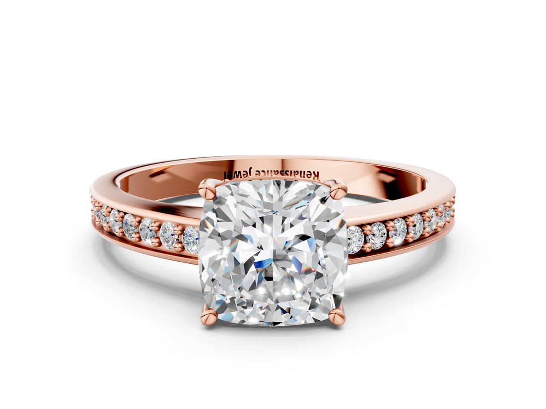 Rose gold Cushion Solitaire Pavé Band Prong Setting Ring_20