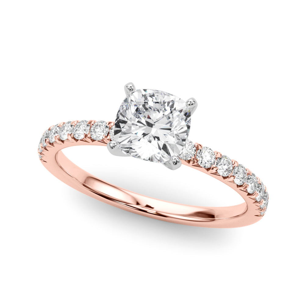 Rose gold Cushion Solitaire Pave Diamond Engagement Ring with Four-Prong Setting