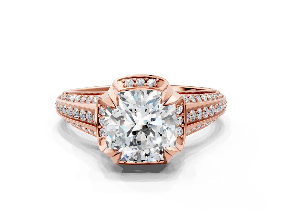 Rose gold Cushion Solitaire Pave Split Shank Ring with Four-Prong Setting_105
