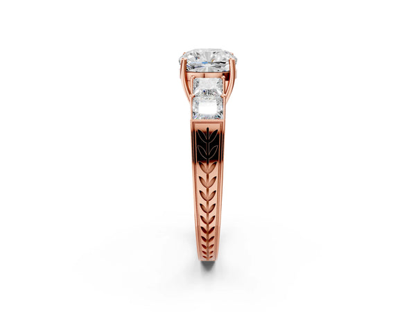 Rose gold Cushion Solitaire Princess Side Stone Engraved Band Prong Setting Ring