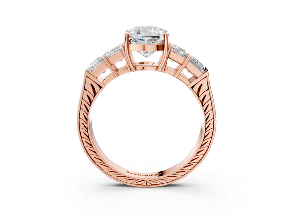 Rose gold Cushion Solitaire Princess Side Stone Engraved Band Prong Setting Ring