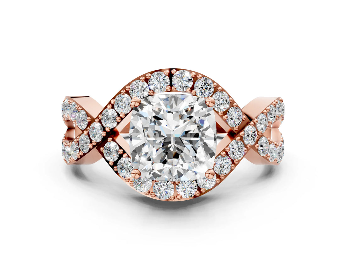 Rose gold Cushion Solitaire Twist Band Pavé Diamond Engagement Ring_32