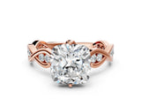 Rose gold Cushion Solitaire Twist Band with Leaf Prong Setting