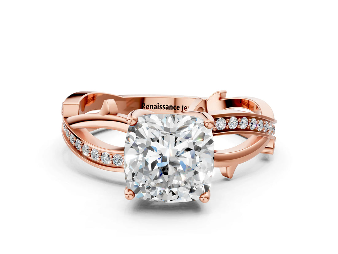 Rose gold Cushion Solitaire Twist Band with Pavé Accents and Four-Prong Setting_20