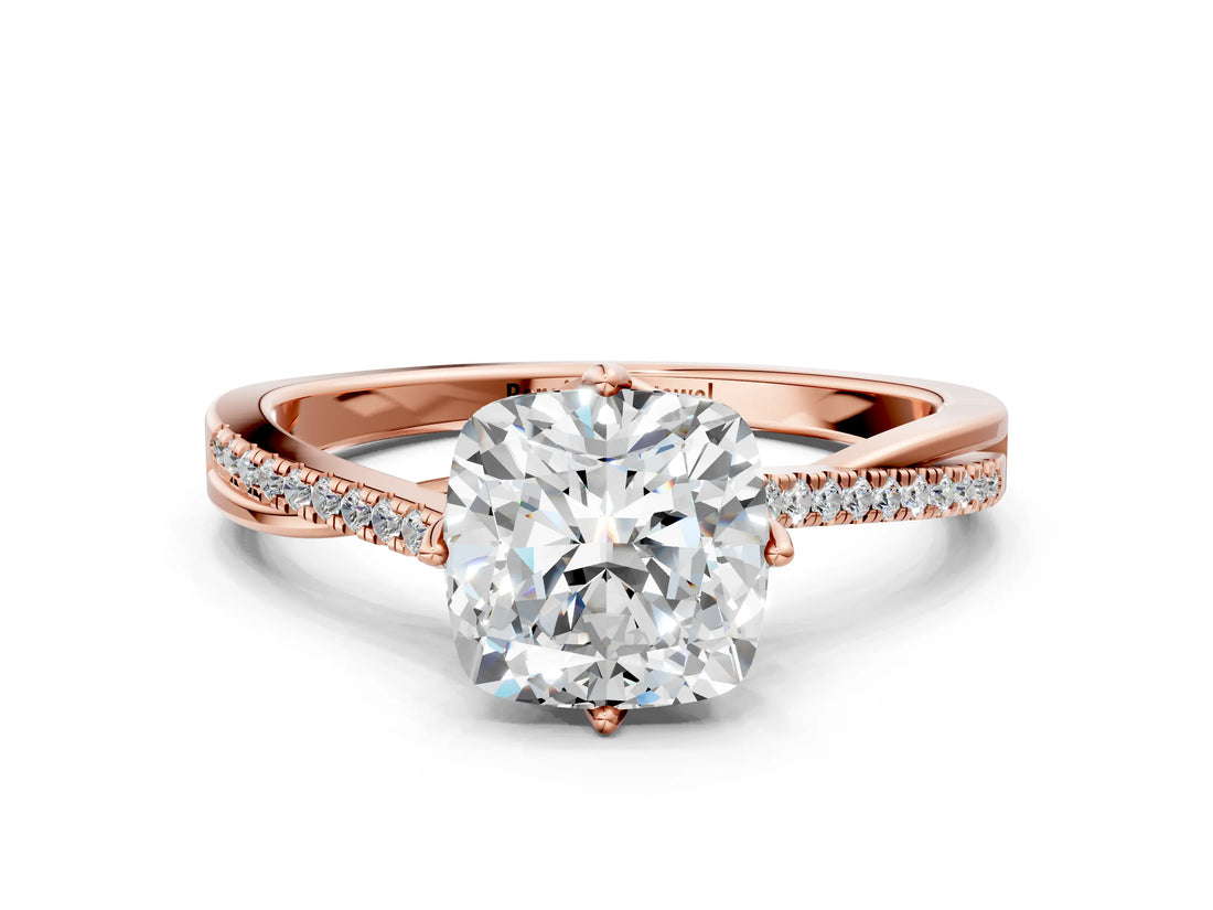 Rose gold Cushion Solitaire Twist Band with Pavé Diamonds and Four-Prong Setting_95