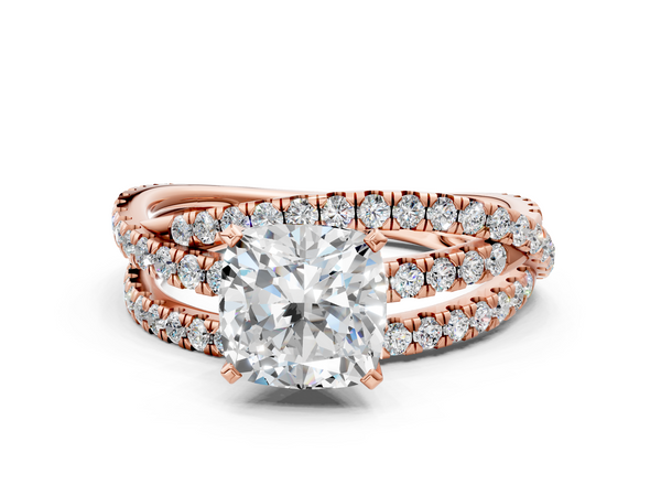 Rose gold Cushion Solitaire Twist Band with Pavé Setting and Four-Prong Setting
