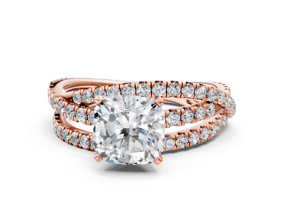 Rose gold Cushion Solitaire Twist Band with Pavé Setting and Four-Prong Setting