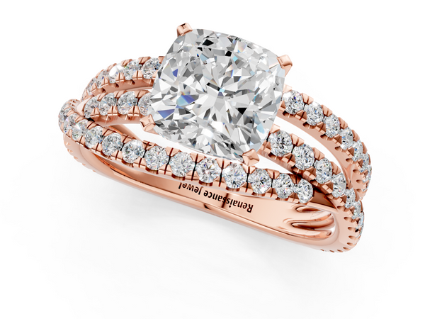 Rose gold Cushion Solitaire Twist Band with Pavé Setting and Four-Prong Setting