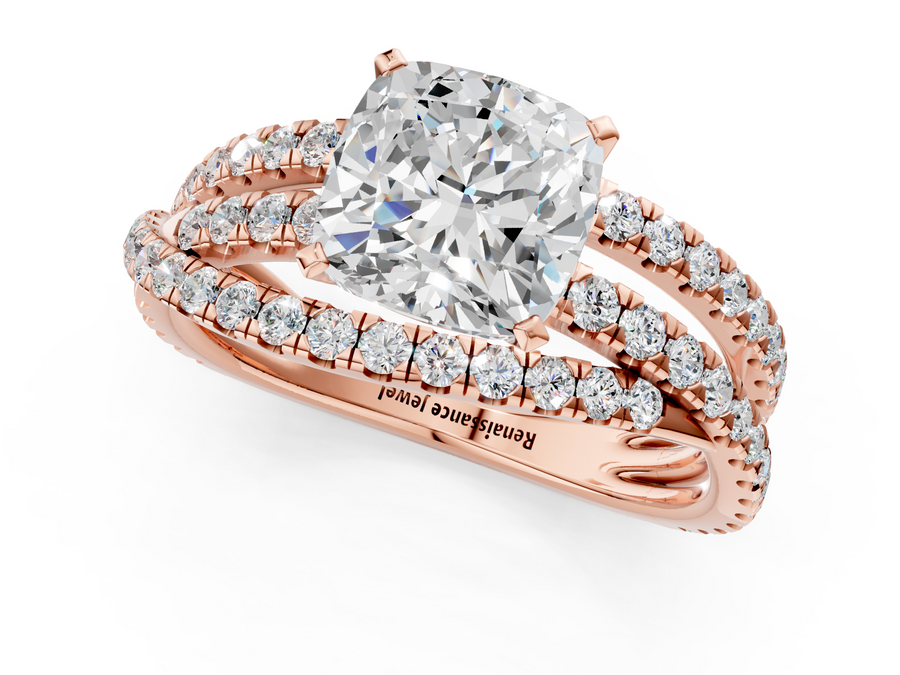 Rose gold Cushion Solitaire Twist Band with Pavé Setting and Four-Prong Setting