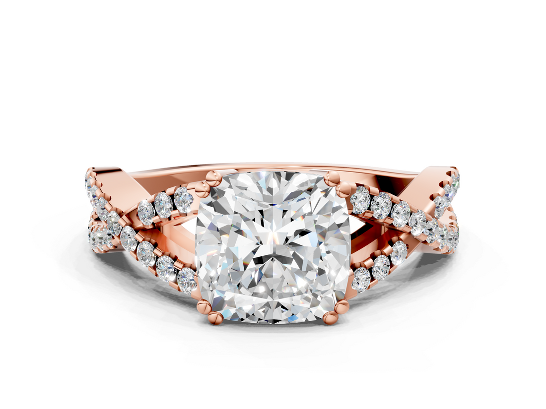Rose gold Cushion Solitaire Twist Band with Pavé Setting and Four-Prong Setting_31