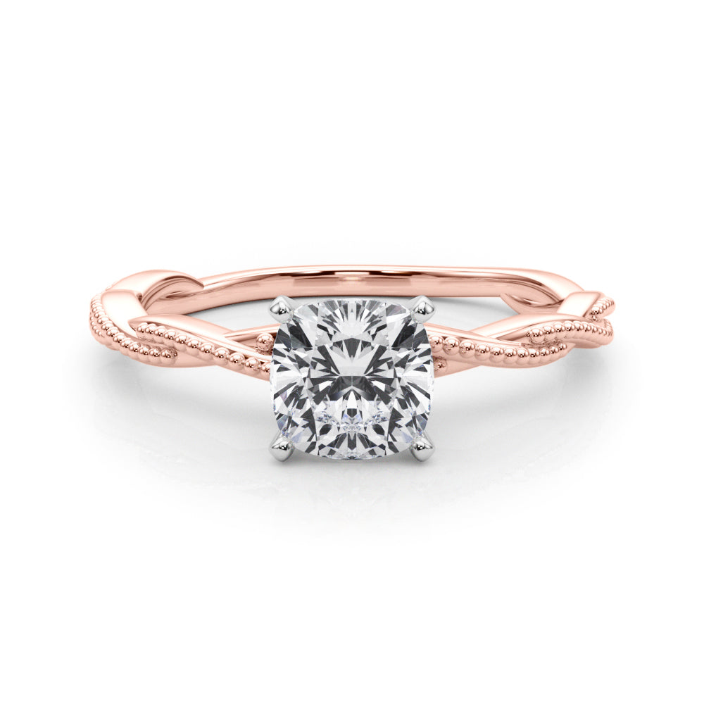 Rose gold Cushion Solitaire Twisted Band with Bead Prong Setting 1