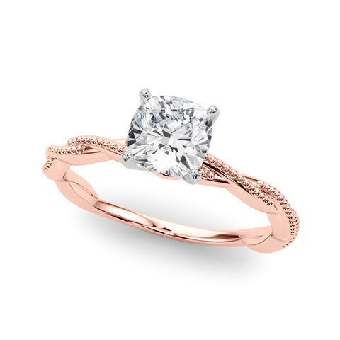 Rose gold Cushion Solitaire Twisted Band with Bead Prong Setting