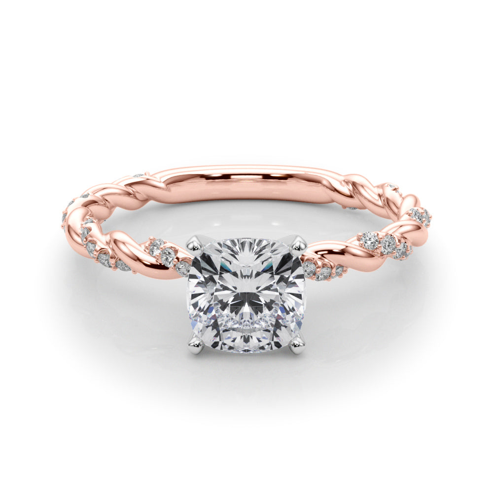Rose gold Cushion Solitaire Twisted Band with Pavé Accents and Four-Prong Setting 1