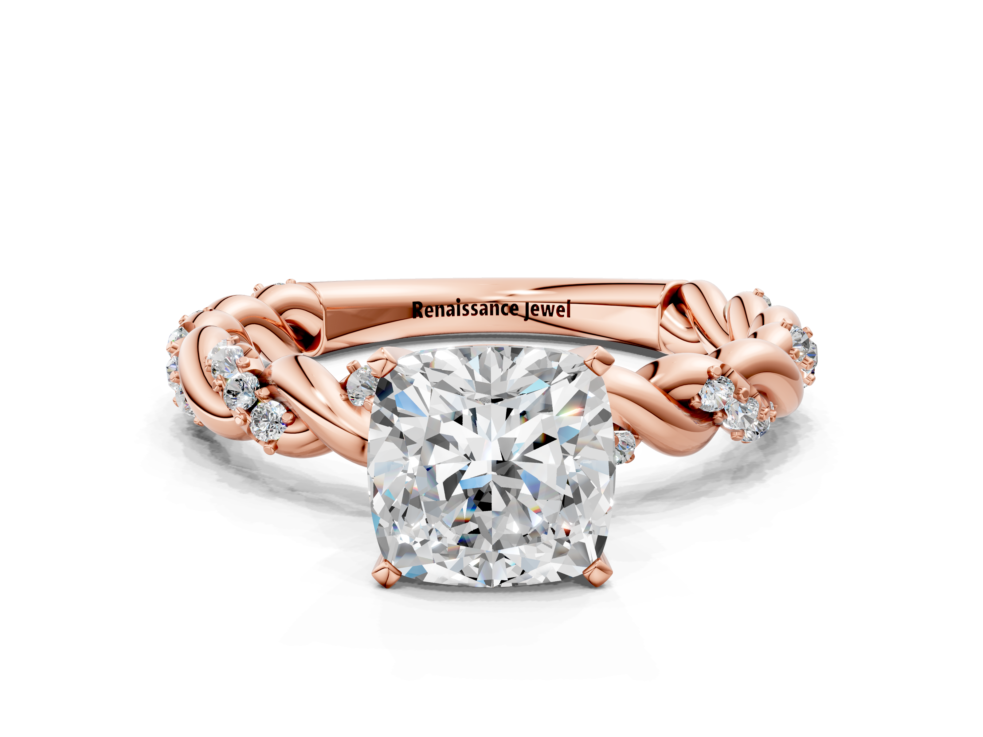 Rose gold Cushion Solitaire Twisted Band with Pavé Accents and Four-Prong Setting_24