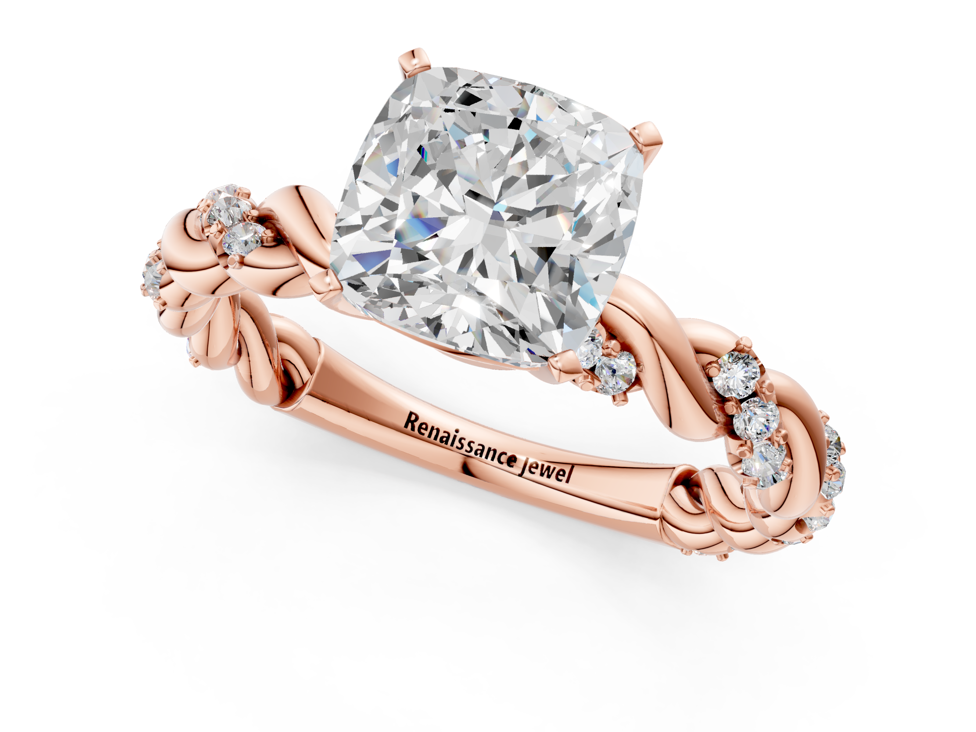 Rose gold Cushion Solitaire Twisted Band with Pavé Accents and Four-Prong Setting_25