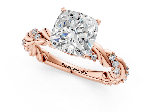 Rose gold Cushion Cut Diamond Solitaire Ring with Twisted Band and Pavé Accents