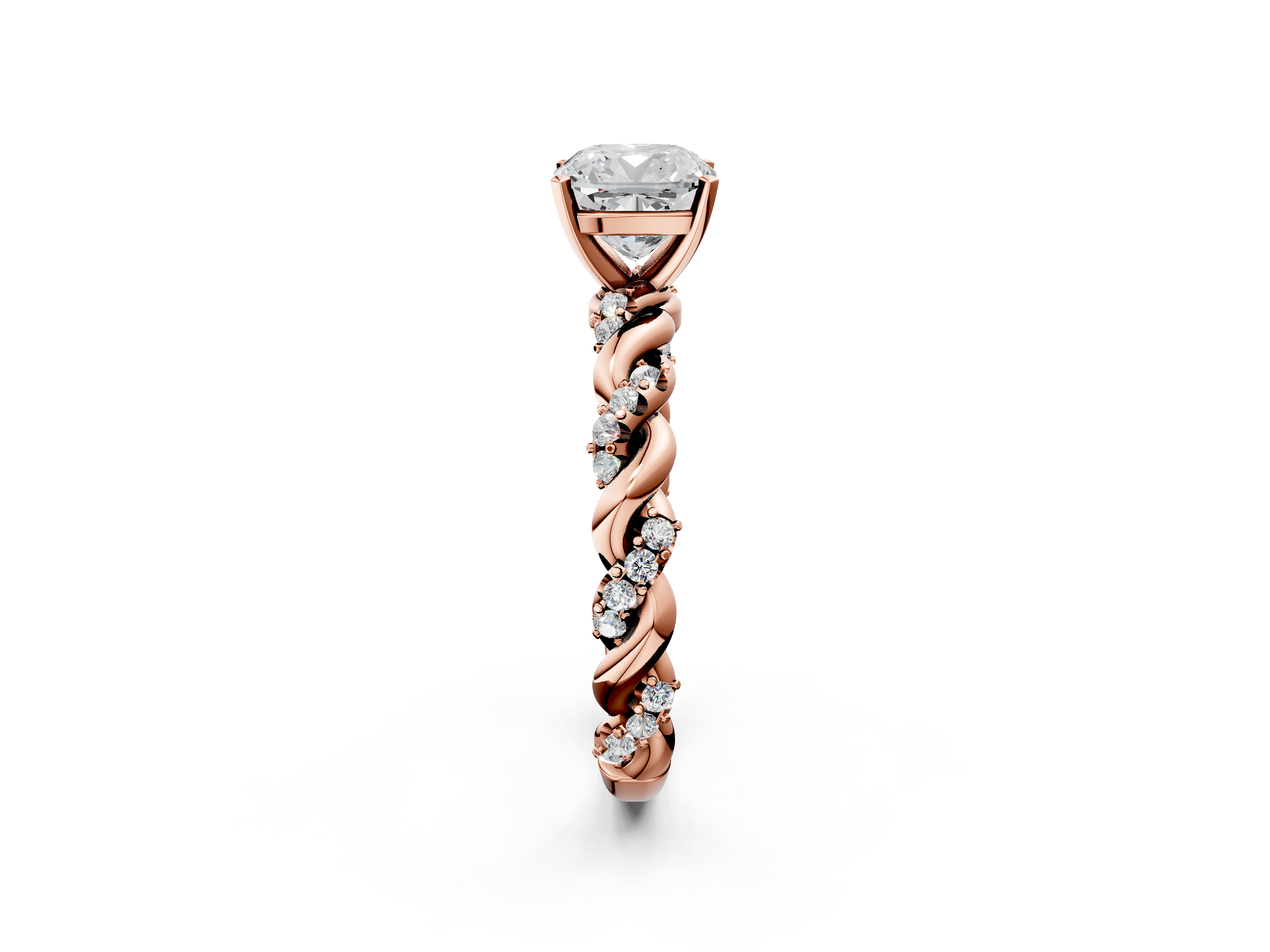 Rose gold Cushion Solitaire Twisted Band with Pavé Accents and Four-Prong Setting_26