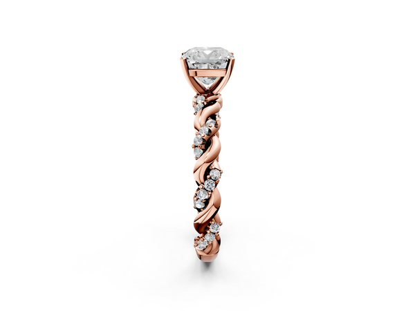 Rose gold Cushion Cut Diamond Solitaire Ring with Twisted Band and Pavé Accents