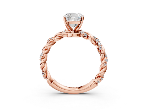 Rose gold Cushion Cut Diamond Solitaire Ring with Twisted Band and Pavé Accents