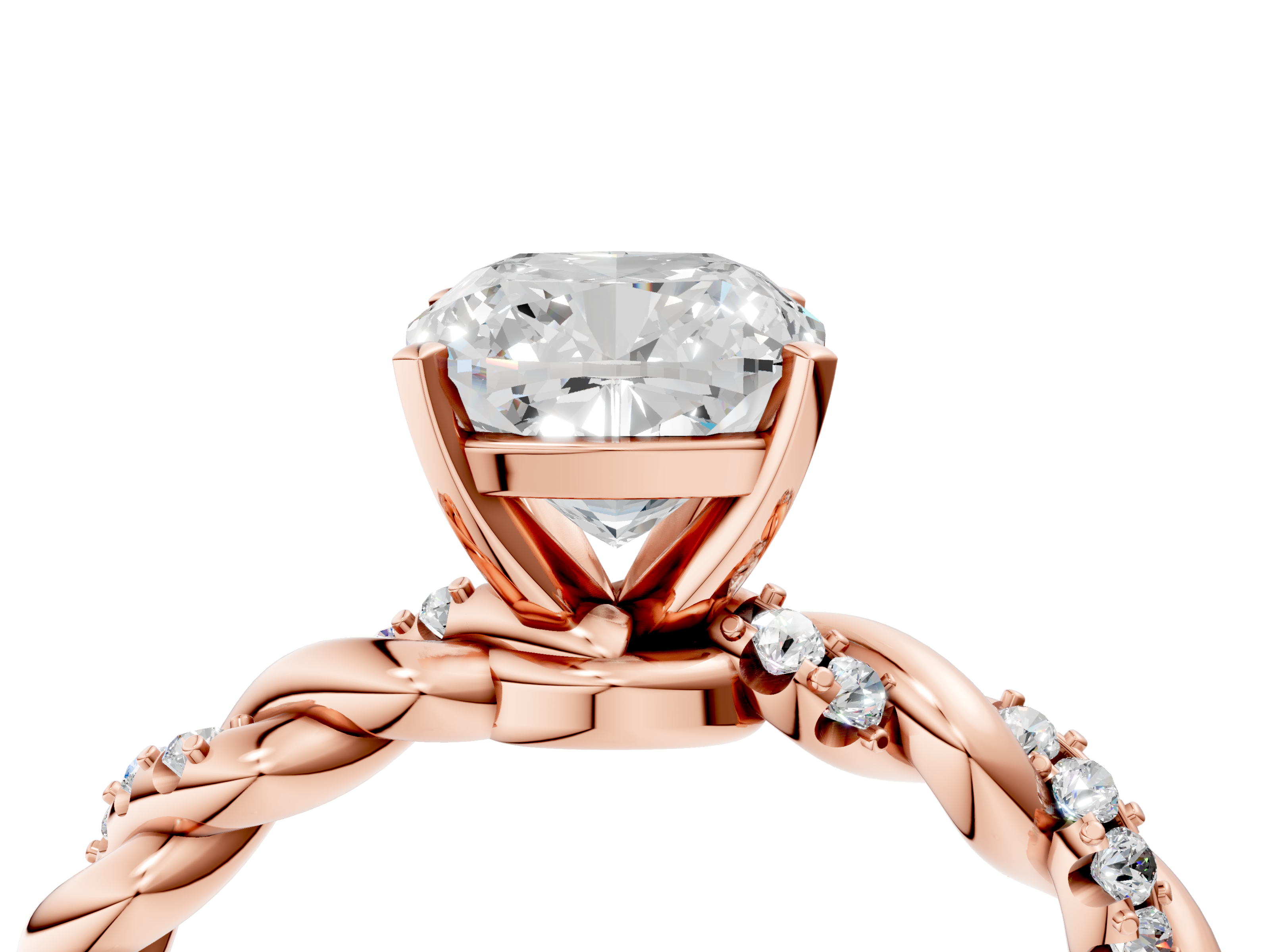 Rose gold Cushion Solitaire Twisted Band with Pavé Accents and Four-Prong Setting_28