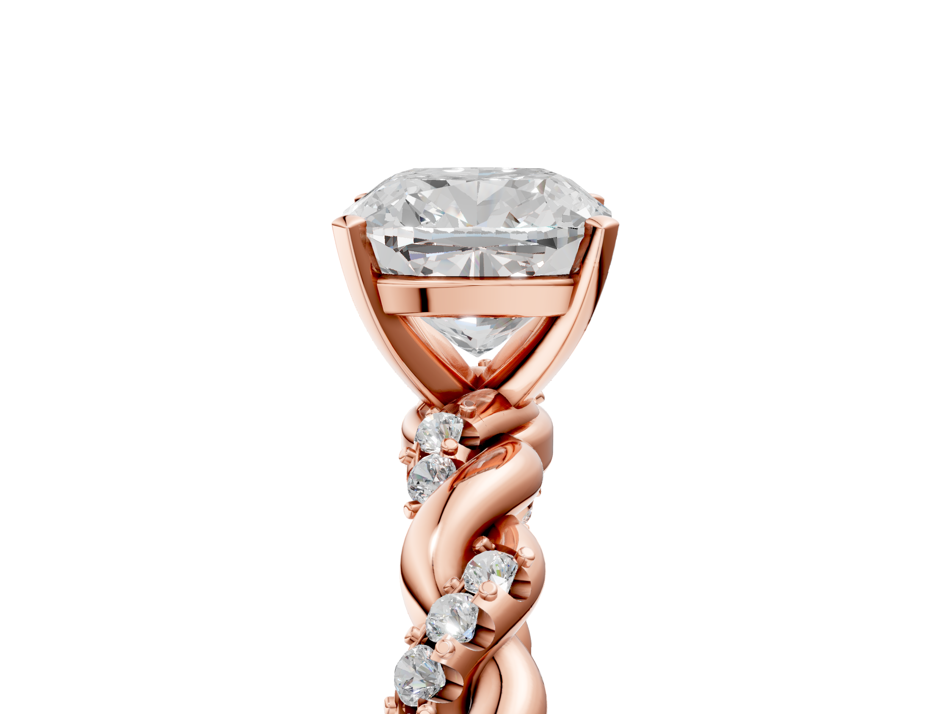 Rose gold Cushion Solitaire Twisted Band with Pavé Accents and Four-Prong Setting_29