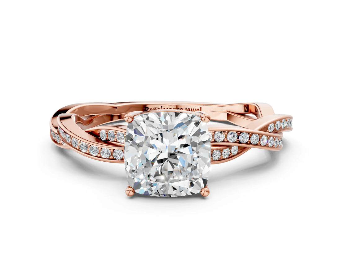 Rose gold Cushion Solitaire Twisted Pave Diamond Ring with Four-Prong Setting_24