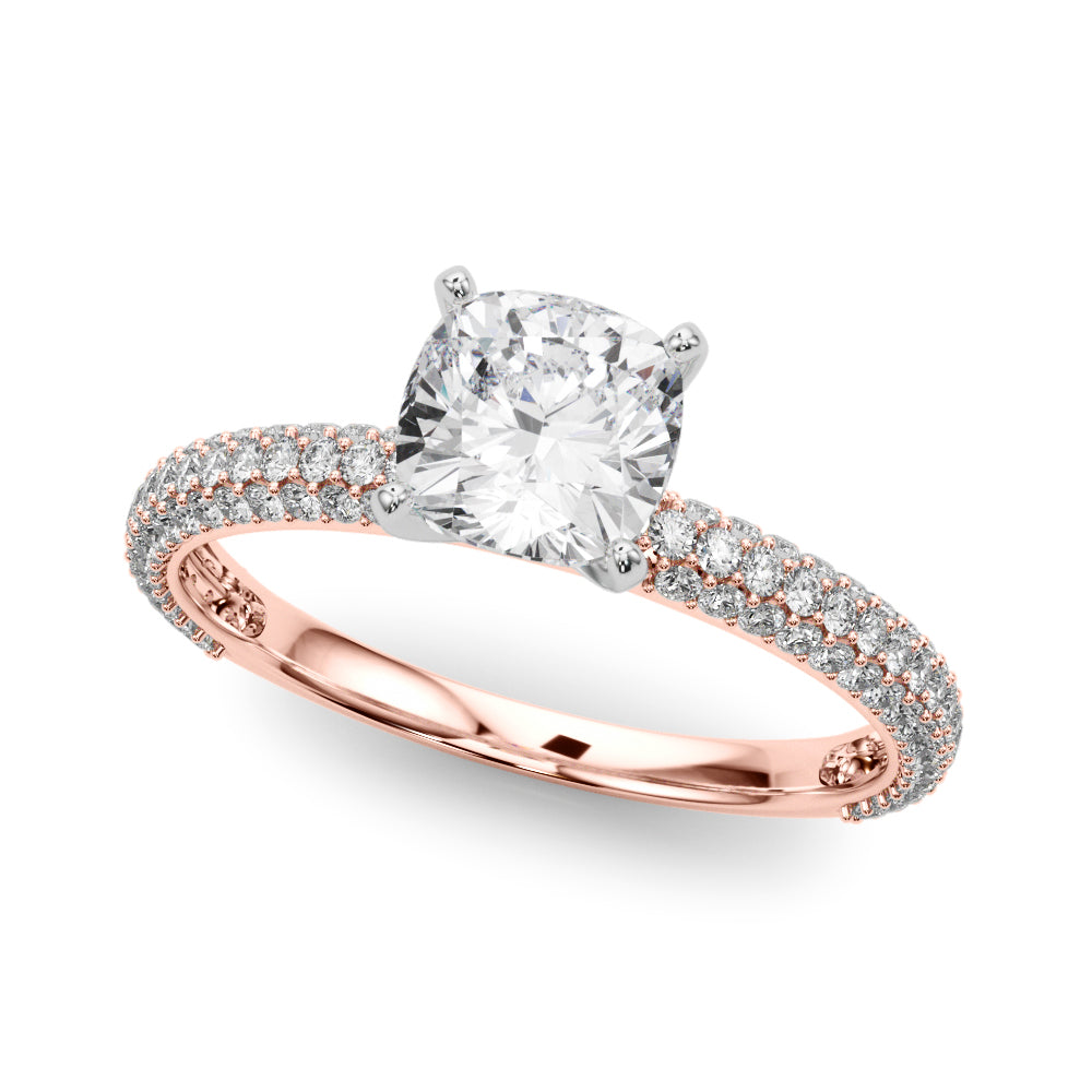 Rose gold Cushion Solitaire with Pave Band and Four-Prong Setting