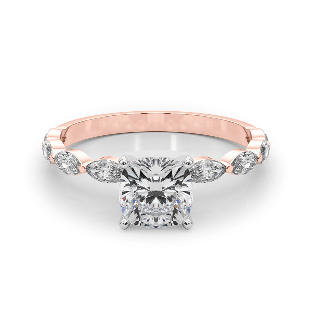 Rose gold Cushion Solitaire with Side Stones on a Pavé Band and Four-Prong Setting 1