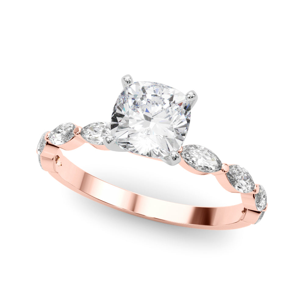 Rose gold Cushion Solitaire with Side Stones on a Pavé Band and Four-Prong Setting