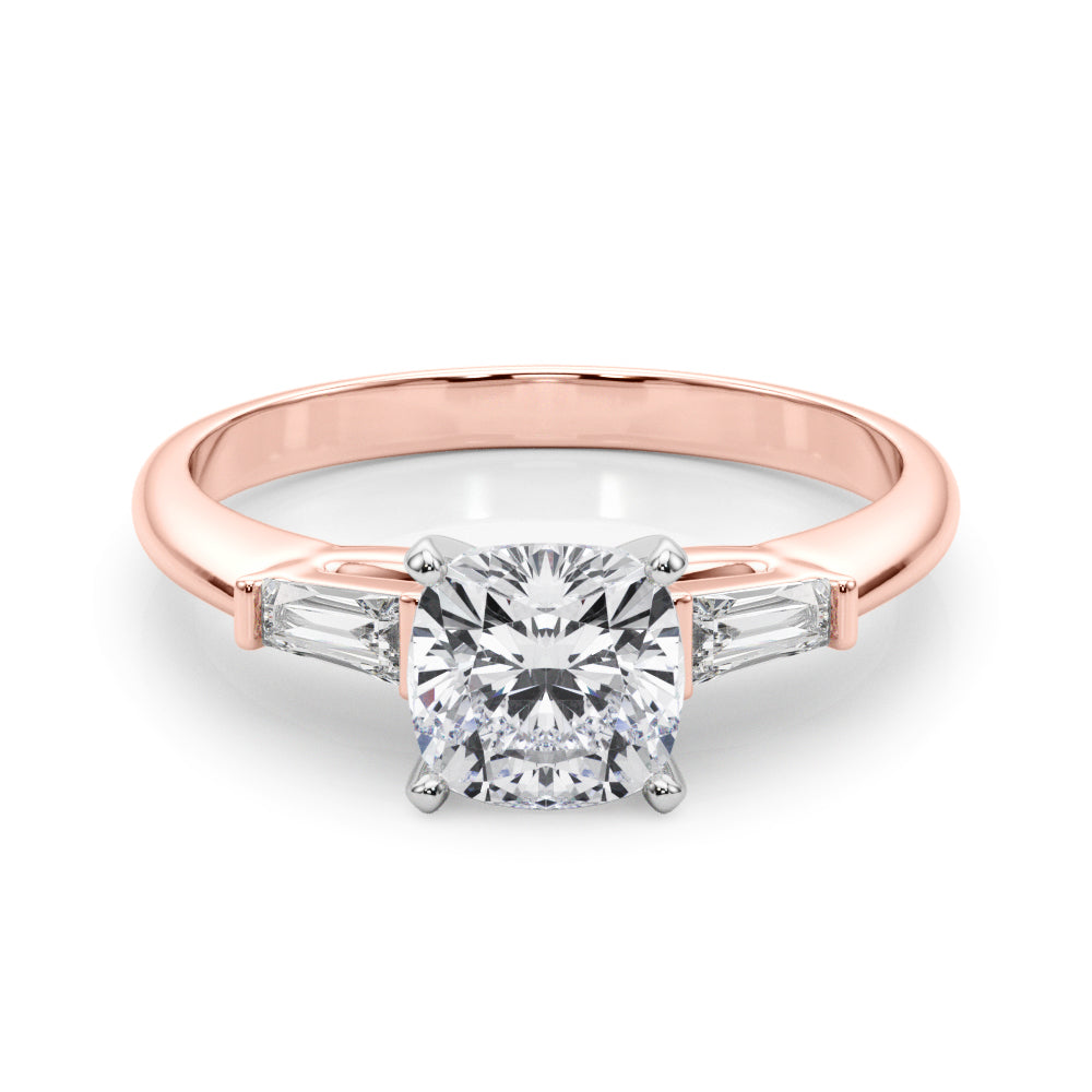 Rose gold Cushion Solitaire with Tapered Baguette Side Stones on a Classic Band with Four-Prong Setting 1