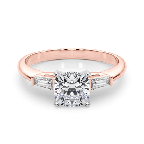 Rose gold Cushion Solitaire with Tapered Baguette Side Stones on a Classic Band with Four-Prong Setting 1