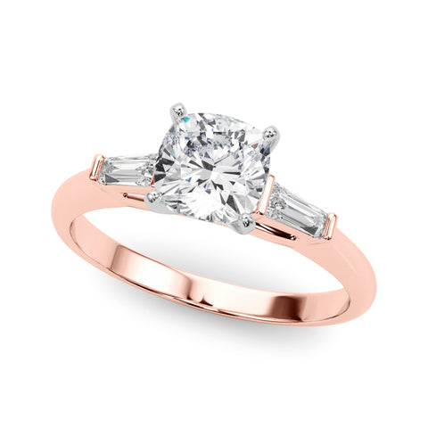 Rose gold Cushion Solitaire with Tapered Baguette Side Stones on a Classic Band with Four-Prong Setting