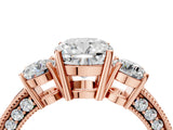 Rose gold Cushion Three-Stone Diamond Ring with Pavé Band and Four-Prong Setting_10