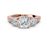 Rose gold Cushion Three-Stone Diamond Ring with Pavé Band and Four-Prong Setting_6