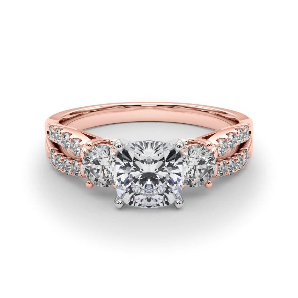 Rose gold Cushion Three-Stone Diamond Ring with Pavé Split Shank and Four-Prong Setting 1
