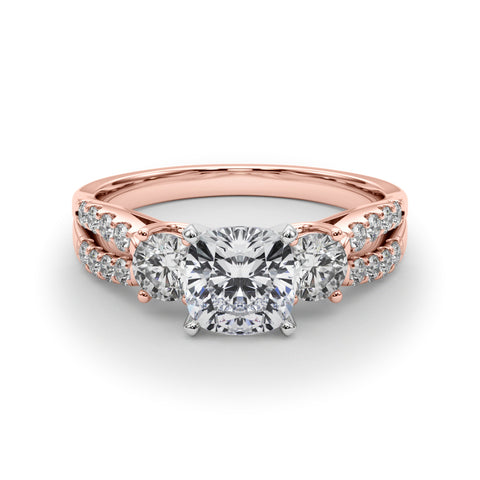 Rose gold Cushion Three-Stone Diamond Ring with Pavé Split Shank and Four-Prong Setting 1