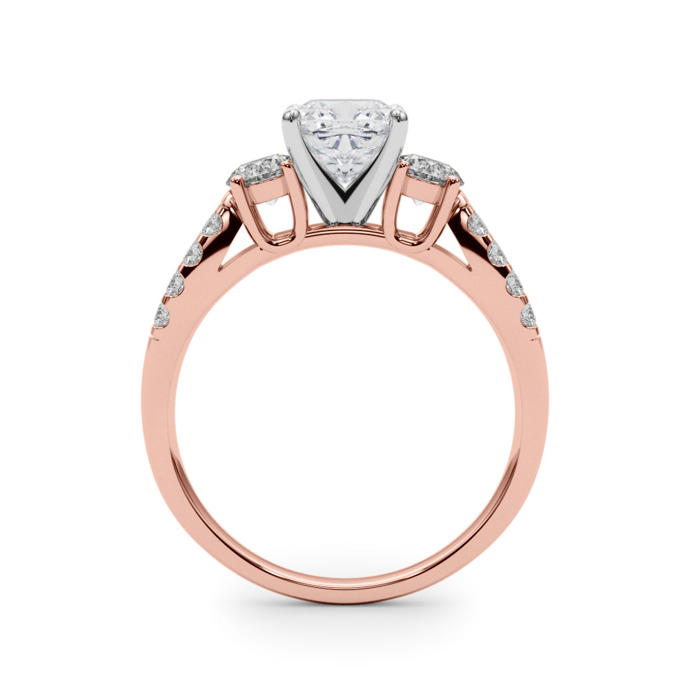 Rose gold Cushion Three-Stone Diamond Ring with Pavé Split Shank and Four-Prong Setting 2