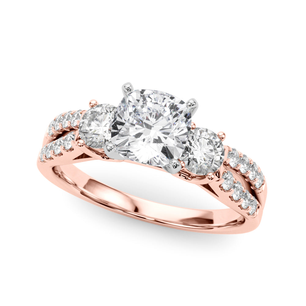 Rose gold Cushion Three-Stone Diamond Ring with Pavé Split Shank and Four-Prong Setting
