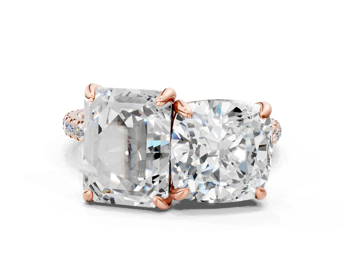 Rose gold Cushion and Emerald Toi Moi Ring with Prong Setting and Micro Pave Band