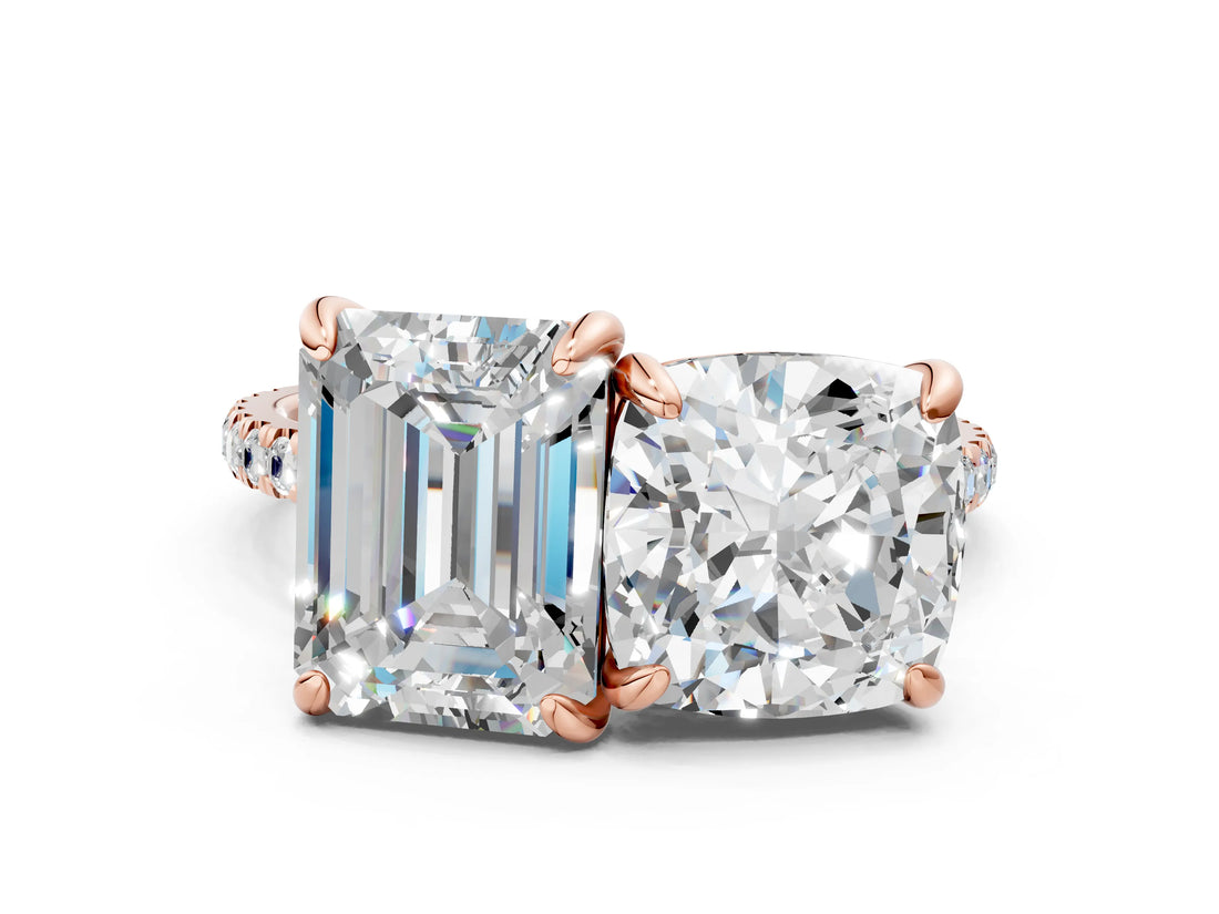 Rose gold Cushion and Emerald Toi Moi Ring with Prong Setting and Pave Band