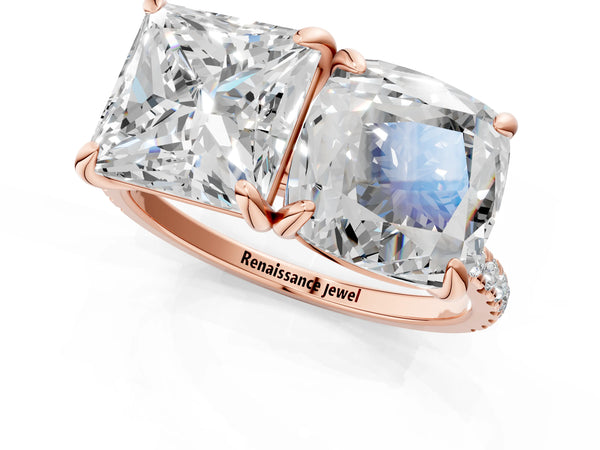 Rose gold Cushion and Princess Toi Moi Ring with Prong Setting and Micro Pave Band