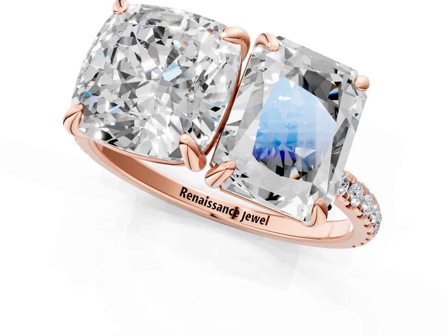 Rose gold Cushion and Radiant Toi Moi Ring with Prong Setting and Micro Pave Band