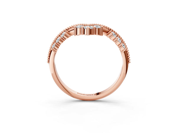 Rose gold Diamond Chevron Milgrain Band with Round Cut Stones and Prong Setting
