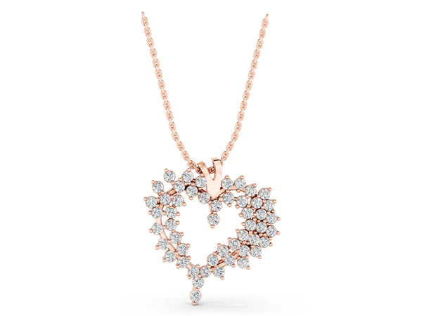 Rose gold Diamond Cluster Heart Pendant with Round Brilliant Cut Stones and Prong Setting