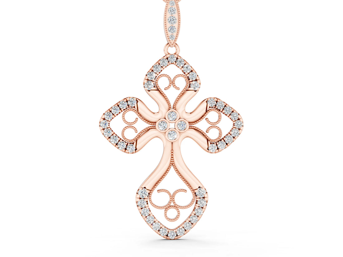 Rose gold Diamond Pavé Round Milgrain Cross Pendant_45