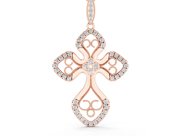 Rose gold Diamond Pavé Round Milgrain Cross Pendant