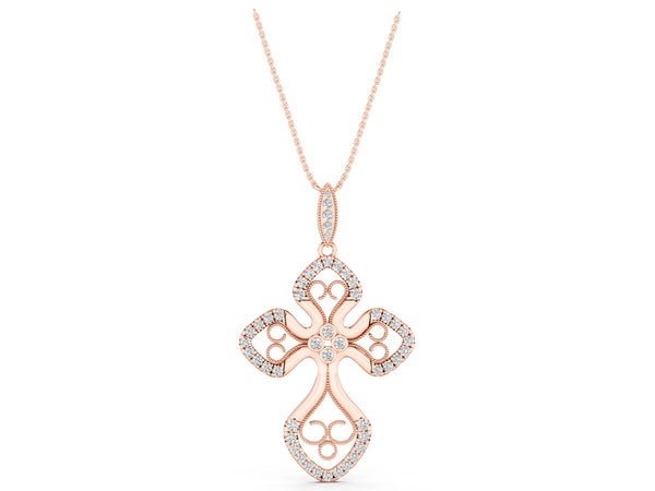 Rose gold Diamond Pavé Round Milgrain Cross Pendant
