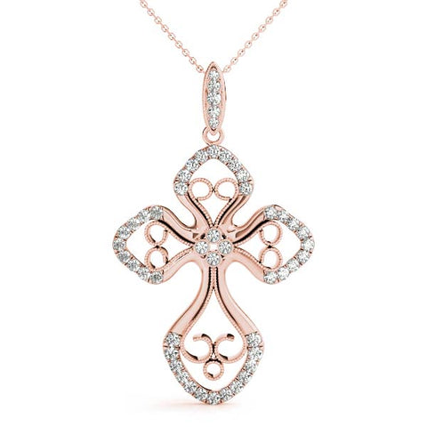 Rose gold Diamond Pavé Round Milgrain Cross Pendant