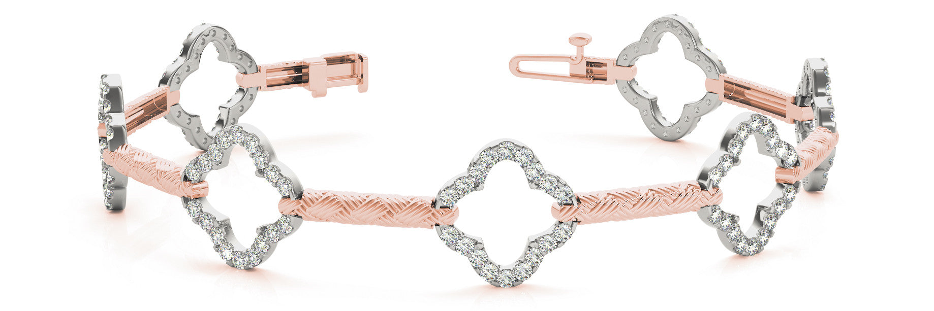 Rose gold Diamond Pave Clover Link Bracelet with Round Stones and Textured Band