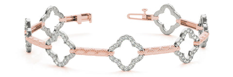 Rose gold Diamond Pave Clover Link Bracelet with Round Stones and Textured Band